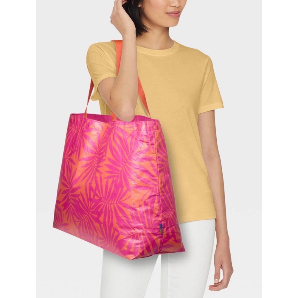 Open Story Pink Orange Palm Reversible Water Resistant Tyvek Tote Bag NEW - Picture 5 of 7
